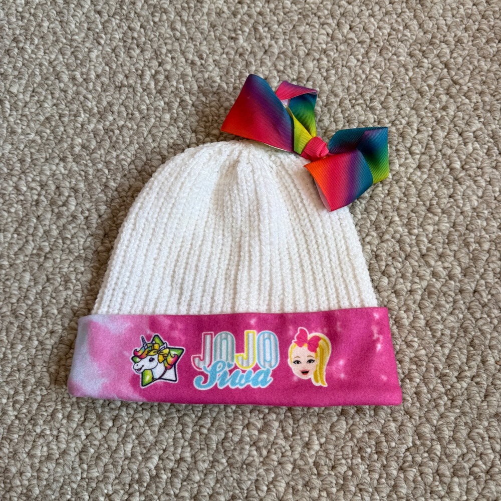 JoJo Siwa Nickelodeon Girls Ribbed‎ Beanie Rainbow Bow Tie Dye Cuff Hat OSFM